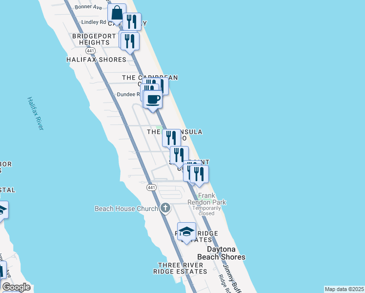 map of restaurants, bars, coffee shops, grocery stores, and more near 2555 South Atlantic Avenue in Daytona Beach