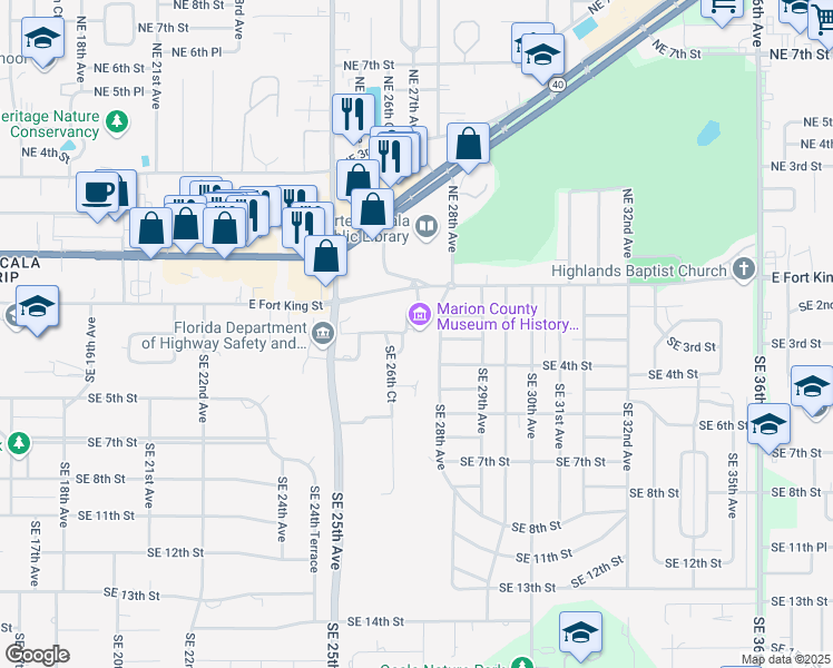 map of restaurants, bars, coffee shops, grocery stores, and more near 307 Southeast 26th Terrace in Ocala