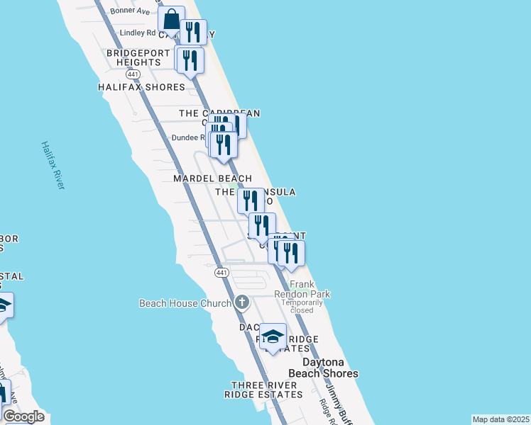 map of restaurants, bars, coffee shops, grocery stores, and more near 2555 South Atlantic Avenue in Daytona Beach