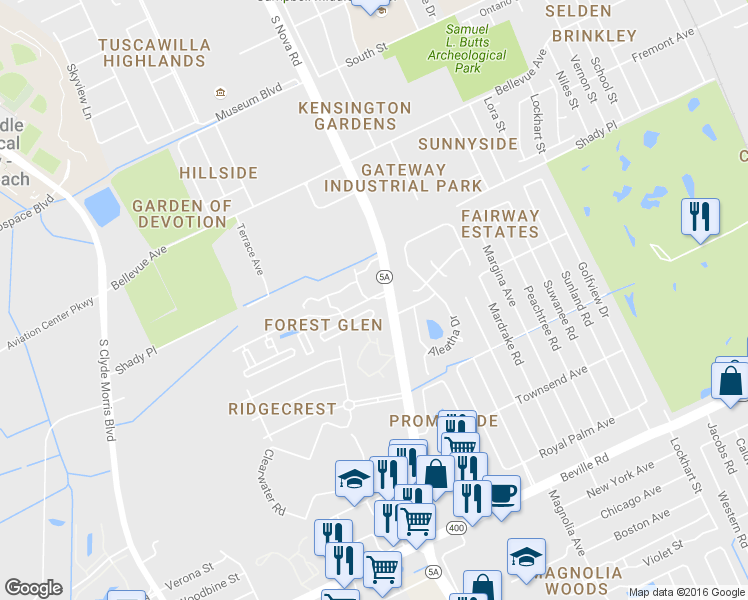 map of restaurants, bars, coffee shops, grocery stores, and more near 251 Oak Tree Circle in Daytona Beach