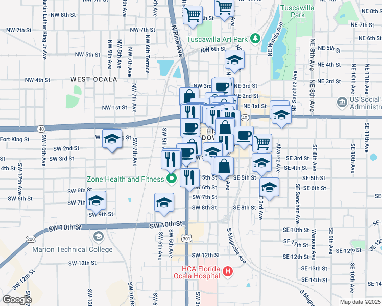 map of restaurants, bars, coffee shops, grocery stores, and more near 215 South Pine Avenue in Ocala
