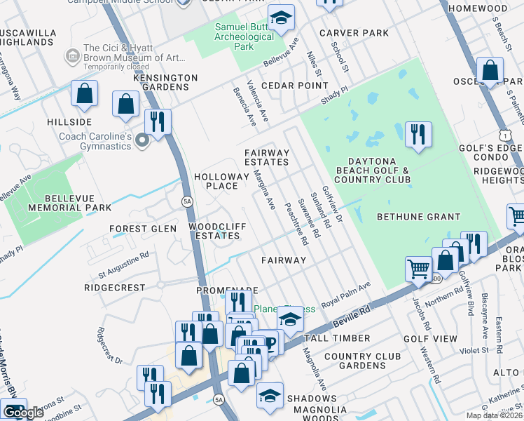 map of restaurants, bars, coffee shops, grocery stores, and more near 1225 Mardrake Road in Daytona Beach