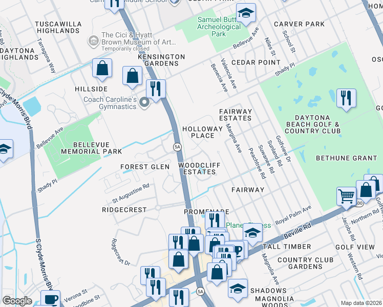 map of restaurants, bars, coffee shops, grocery stores, and more near 115 Woodcliff Drive in Daytona Beach