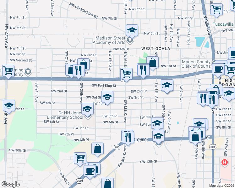 map of restaurants, bars, coffee shops, grocery stores, and more near 1633 Southwest 3rd Street in Ocala