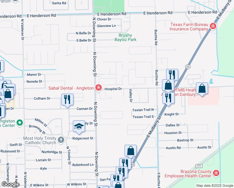 map of restaurants, bars, coffee shops, grocery stores, and more near 1324 Hospital Drive in Angleton