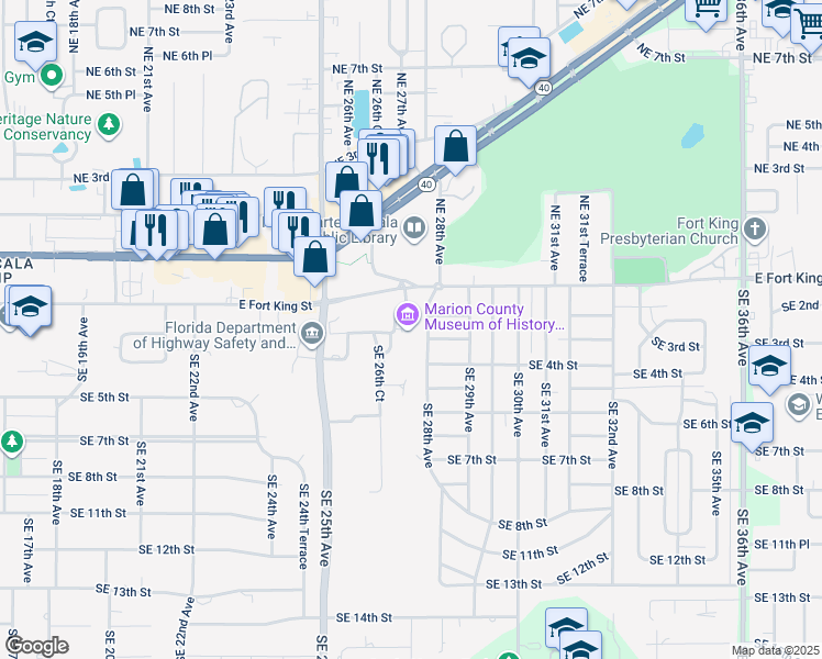 map of restaurants, bars, coffee shops, grocery stores, and more near 307 Southeast 26th Terrace in Ocala