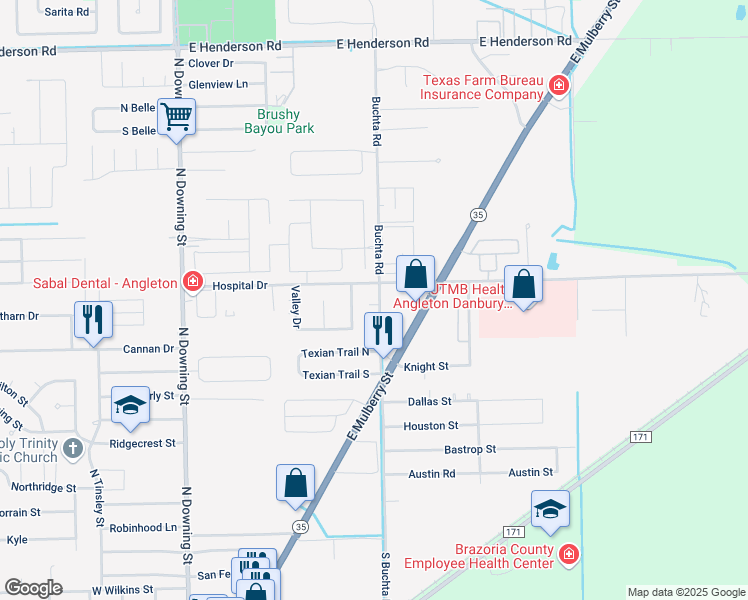 map of restaurants, bars, coffee shops, grocery stores, and more near 811 Buchta Road in Angleton
