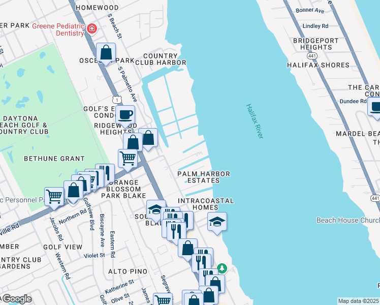 map of restaurants, bars, coffee shops, grocery stores, and more near 138 Sea Isle Circle in South Daytona