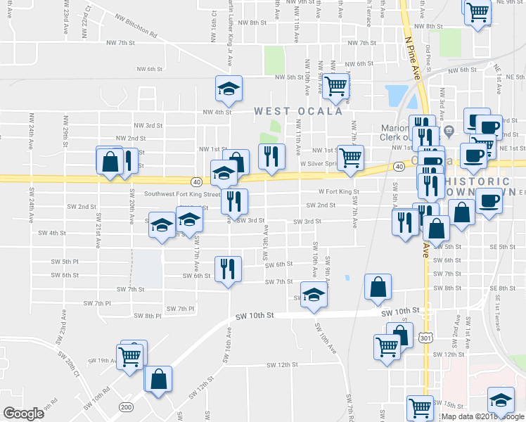 map of restaurants, bars, coffee shops, grocery stores, and more near 206 Southwest 13th Avenue in Ocala