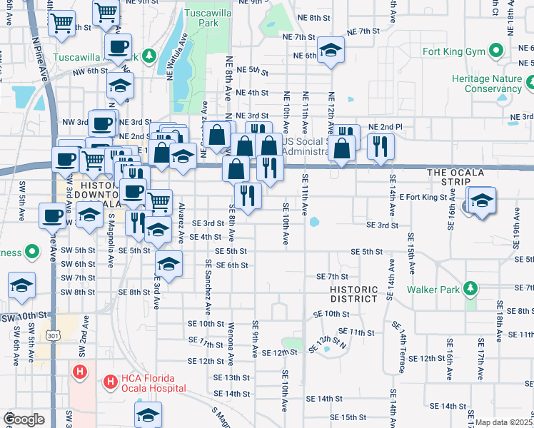 map of restaurants, bars, coffee shops, grocery stores, and more near 920 Southeast 2nd Street in Ocala