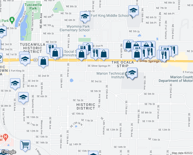map of restaurants, bars, coffee shops, grocery stores, and more near 1338 East Fort King Street in Ocala