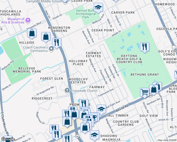 map of restaurants, bars, coffee shops, grocery stores, and more near 1212 Ruthbern Road in Daytona Beach