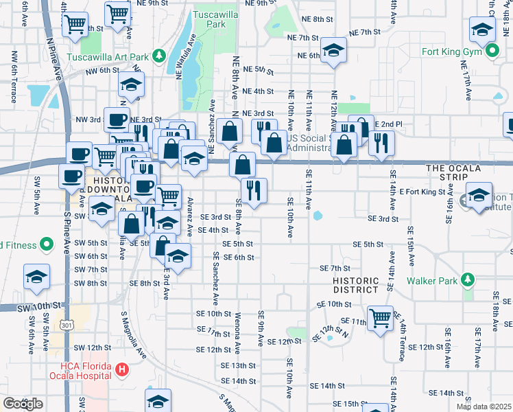 map of restaurants, bars, coffee shops, grocery stores, and more near 917 Southeast 3rd Street in Ocala