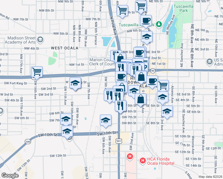 map of restaurants, bars, coffee shops, grocery stores, and more near 400-498 SW 3rd St in Ocala