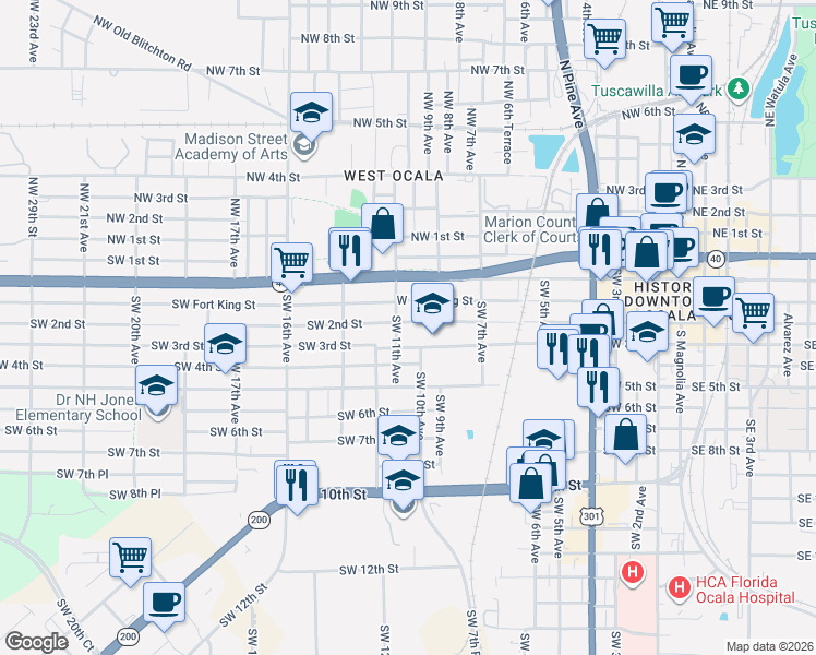 map of restaurants, bars, coffee shops, grocery stores, and more near 1009 Southwest 3rd Street in Ocala