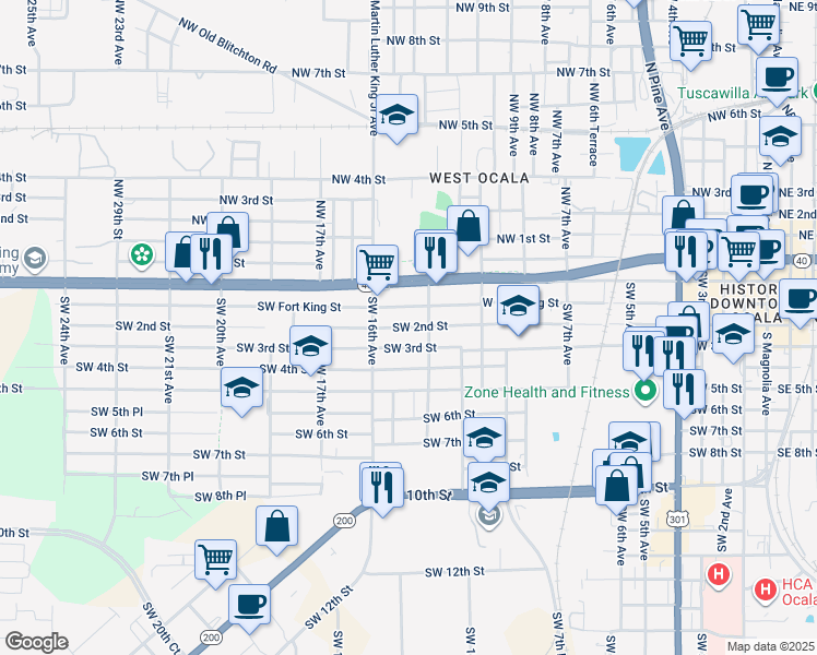 map of restaurants, bars, coffee shops, grocery stores, and more near Southwest 2nd Street in Ocala