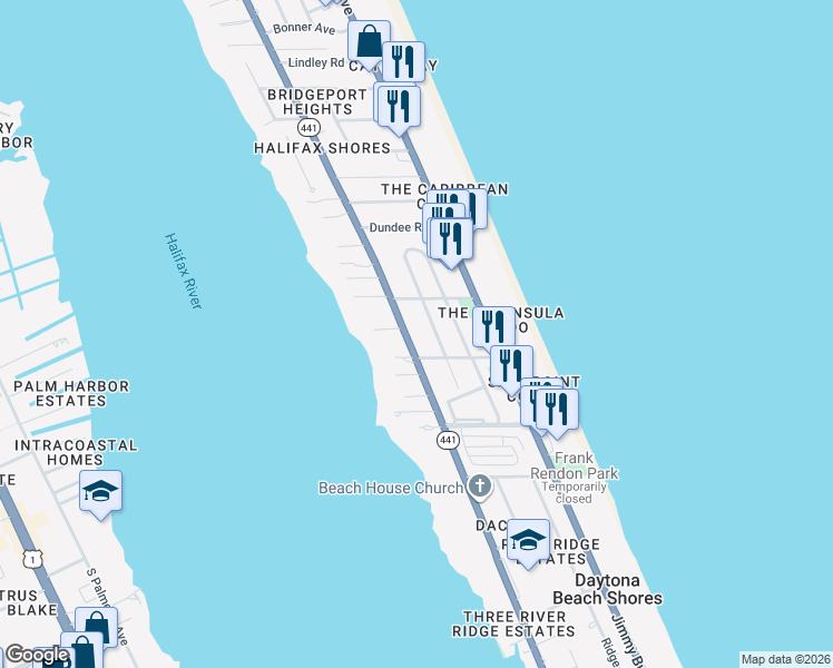 map of restaurants, bars, coffee shops, grocery stores, and more near 105 Beachcomber Street in Daytona Beach