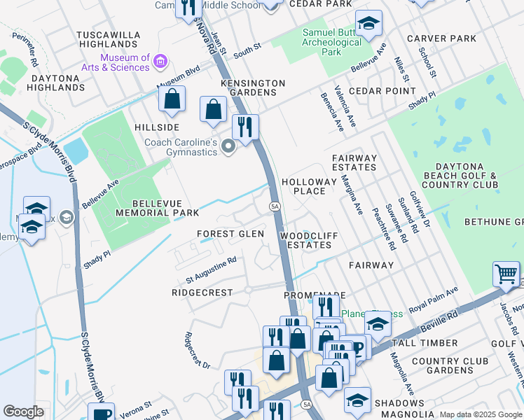 map of restaurants, bars, coffee shops, grocery stores, and more near 251 Oak Tree Circle in Daytona Beach