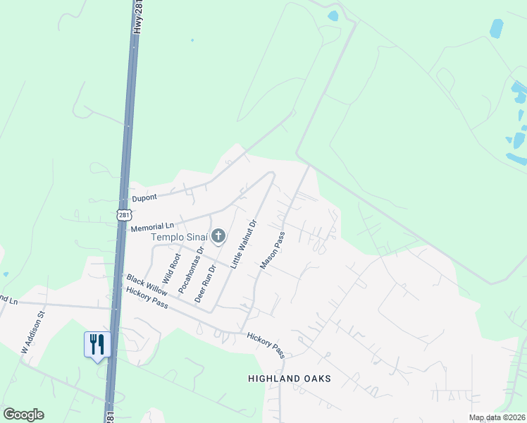 map of restaurants, bars, coffee shops, grocery stores, and more near 22907 Mason Pass in San Antonio