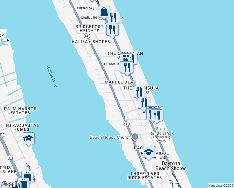 map of restaurants, bars, coffee shops, grocery stores, and more near 105 Beachcomber Street in Daytona Beach