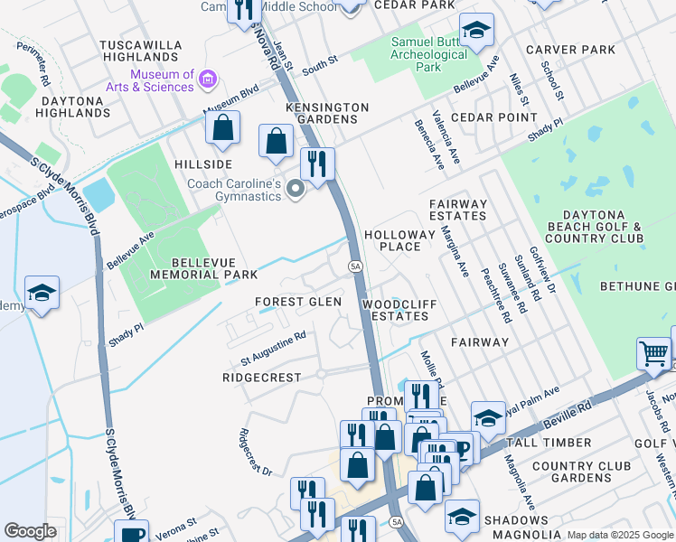 map of restaurants, bars, coffee shops, grocery stores, and more near 251 Oak Tree Circle in Daytona Beach