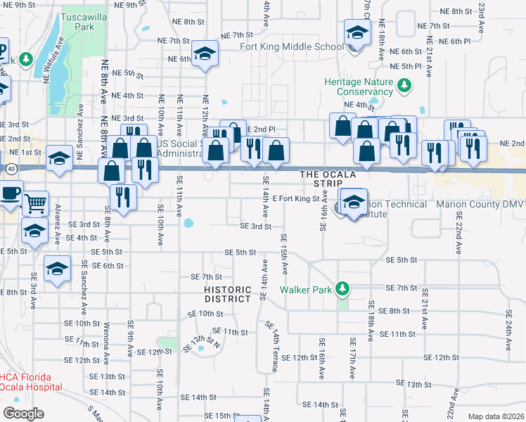 map of restaurants, bars, coffee shops, grocery stores, and more near 1341 Southeast 3rd Street in Ocala