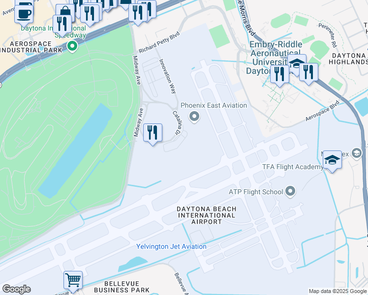 map of restaurants, bars, coffee shops, grocery stores, and more near 601 Innovation Way in Daytona Beach