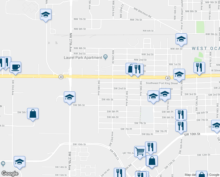 map of restaurants, bars, coffee shops, grocery stores, and more near 2318 Southwest 2nd Street in Ocala