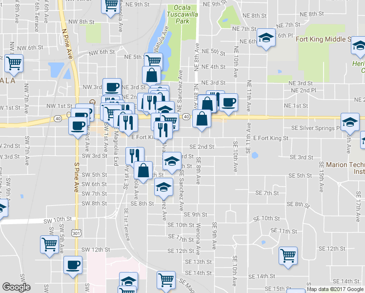 map of restaurants, bars, coffee shops, grocery stores, and more near Southeast 2nd Street in Ocala