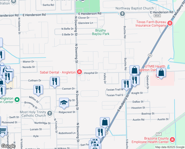 map of restaurants, bars, coffee shops, grocery stores, and more near 1324 Hospital Drive in Angleton