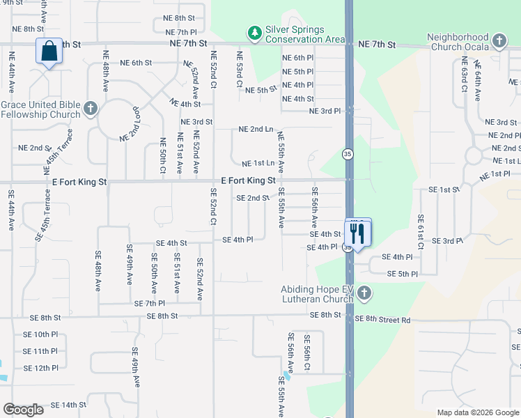 map of restaurants, bars, coffee shops, grocery stores, and more near 5421 Southeast 2nd Street in Ocala