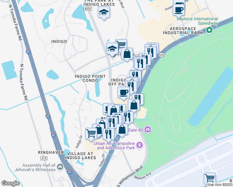 map of restaurants, bars, coffee shops, grocery stores, and more near 135 Executive Circle in Daytona Beach