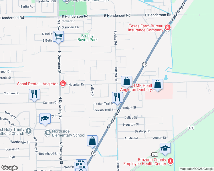 map of restaurants, bars, coffee shops, grocery stores, and more near 1332 Hospital Drive in Angleton