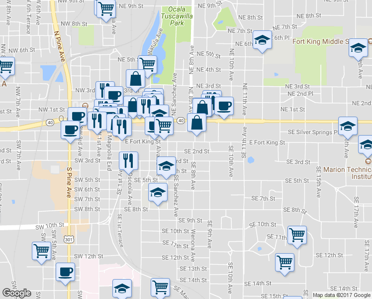 map of restaurants, bars, coffee shops, grocery stores, and more near 725 Southeast 2nd Street in Ocala
