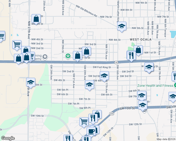 map of restaurants, bars, coffee shops, grocery stores, and more near 1943 Southwest 2nd Street in Ocala