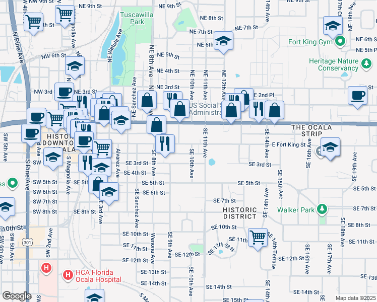map of restaurants, bars, coffee shops, grocery stores, and more near 945 Southeast 2nd Street in Ocala