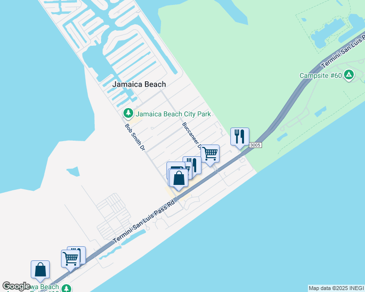 map of restaurants, bars, coffee shops, grocery stores, and more near 16618 Jean Lafitte Road in Galveston