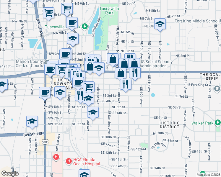 map of restaurants, bars, coffee shops, grocery stores, and more near 703 Southeast 2nd Street in Ocala