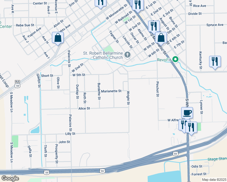 map of restaurants, bars, coffee shops, grocery stores, and more near 718 Grace Street in El Campo