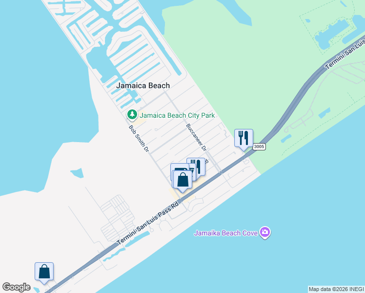 map of restaurants, bars, coffee shops, grocery stores, and more near 16606 Jean Lafitte Road in Jamaica Beach