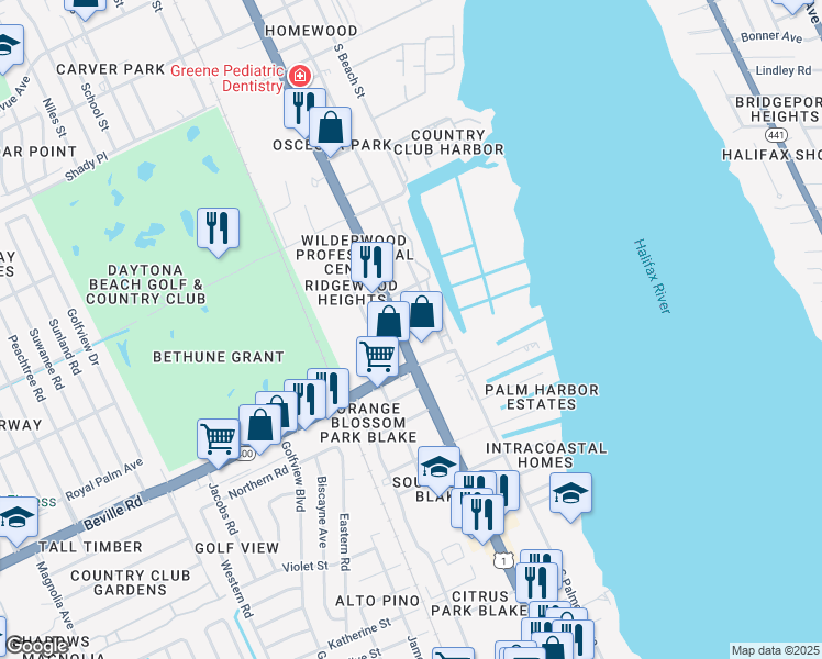 map of restaurants, bars, coffee shops, grocery stores, and more near 1437 South Ridgewood Avenue in Daytona Beach
