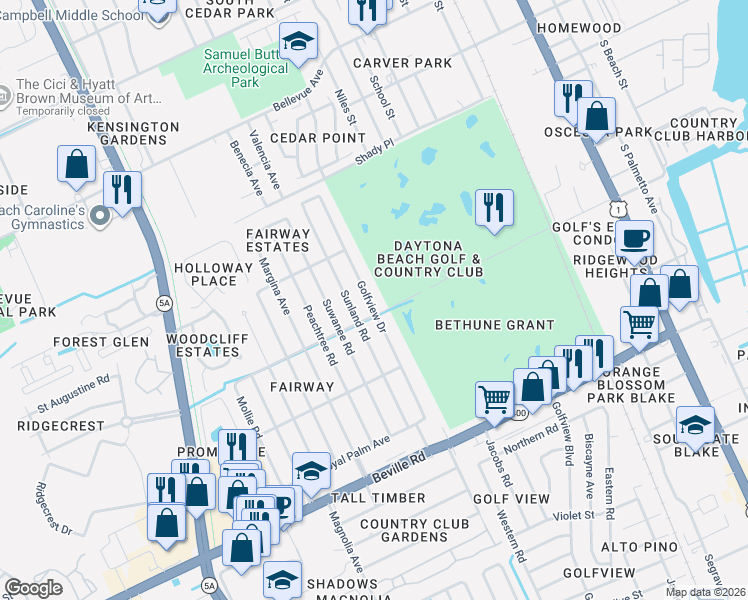 map of restaurants, bars, coffee shops, grocery stores, and more near 1243 Golfview Drive in Daytona Beach