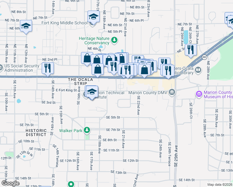 map of restaurants, bars, coffee shops, grocery stores, and more near 1921 East Fort King Street in Ocala
