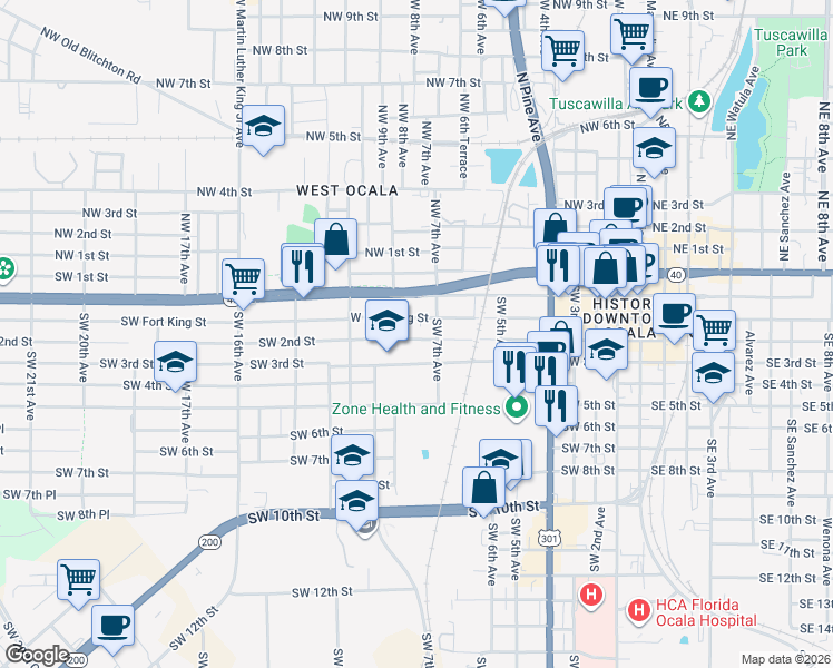 map of restaurants, bars, coffee shops, grocery stores, and more near 725 West Fort King Street in Ocala