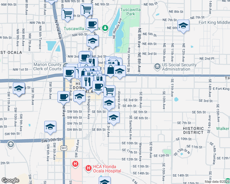 map of restaurants, bars, coffee shops, grocery stores, and more near in Ocala