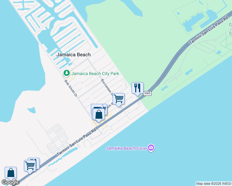 map of restaurants, bars, coffee shops, grocery stores, and more near 16530 Lewis Scot Road in Jamaica Beach