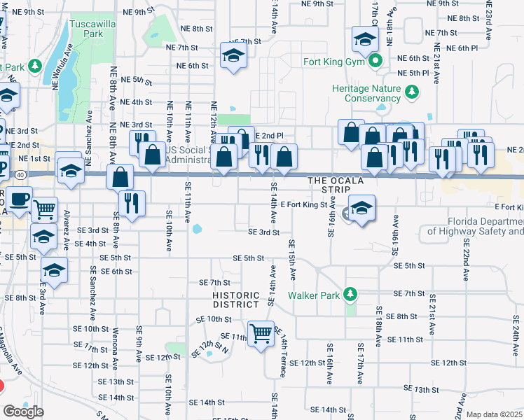 map of restaurants, bars, coffee shops, grocery stores, and more near 1331 East Fort King Street in Ocala