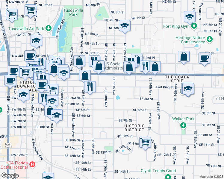 map of restaurants, bars, coffee shops, grocery stores, and more near 1126 East Silver Springs Boulevard in Ocala
