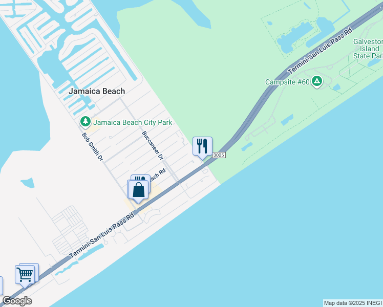 map of restaurants, bars, coffee shops, grocery stores, and more near 16506 Blackbeard Road in Jamaica Beach