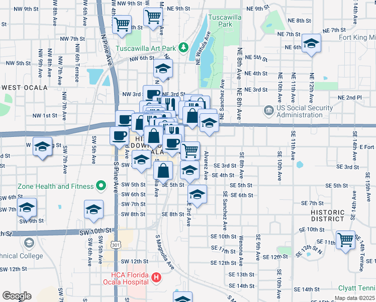 map of restaurants, bars, coffee shops, grocery stores, and more near 110 Southeast Watula Avenue in Ocala